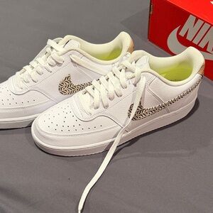 Nike Women’s White Low-Top Sneakers with Leopard-Print Swoosh